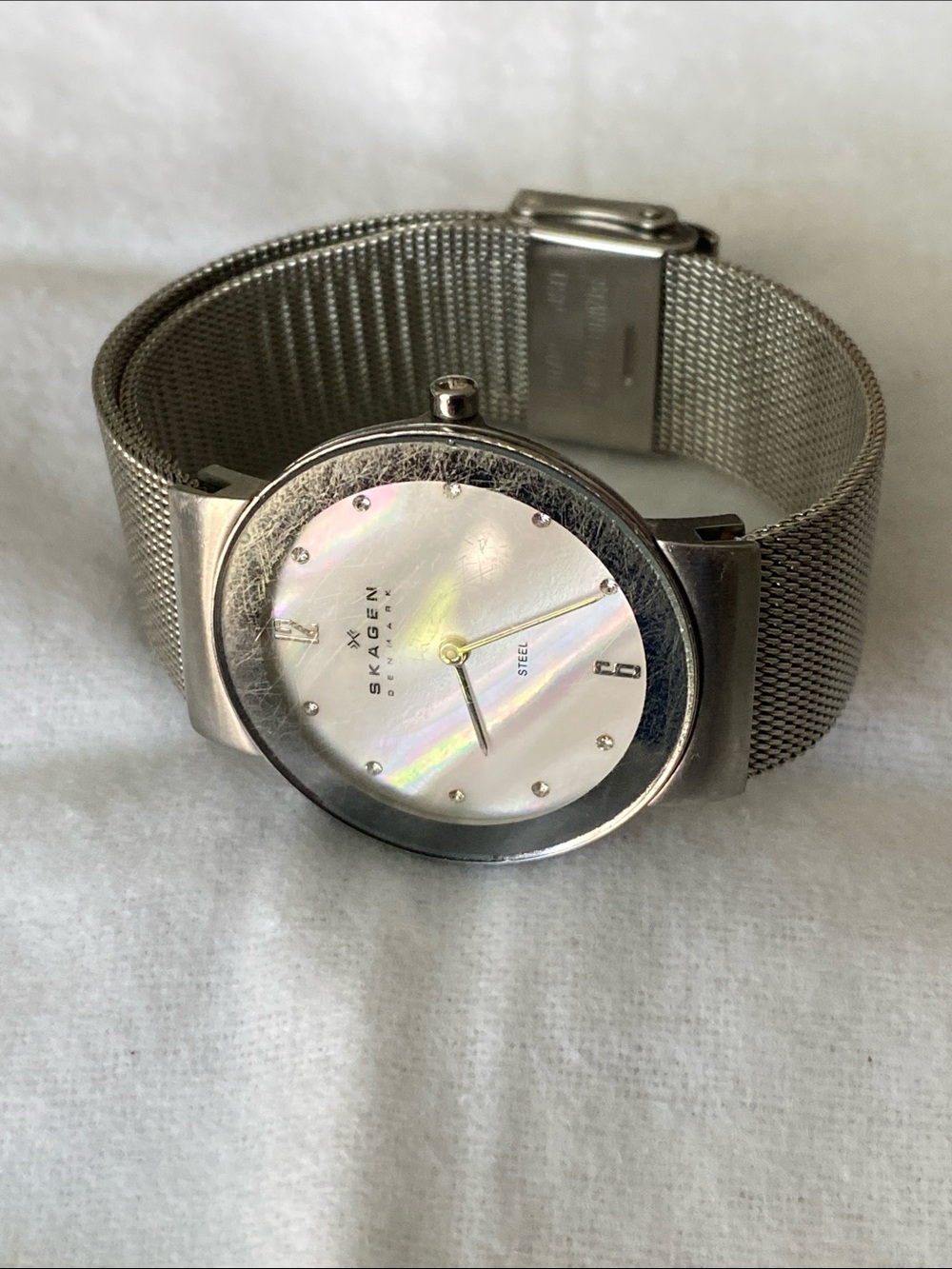 Skagen Silver Mesh Band Mother-of-Pearl Dial Watch